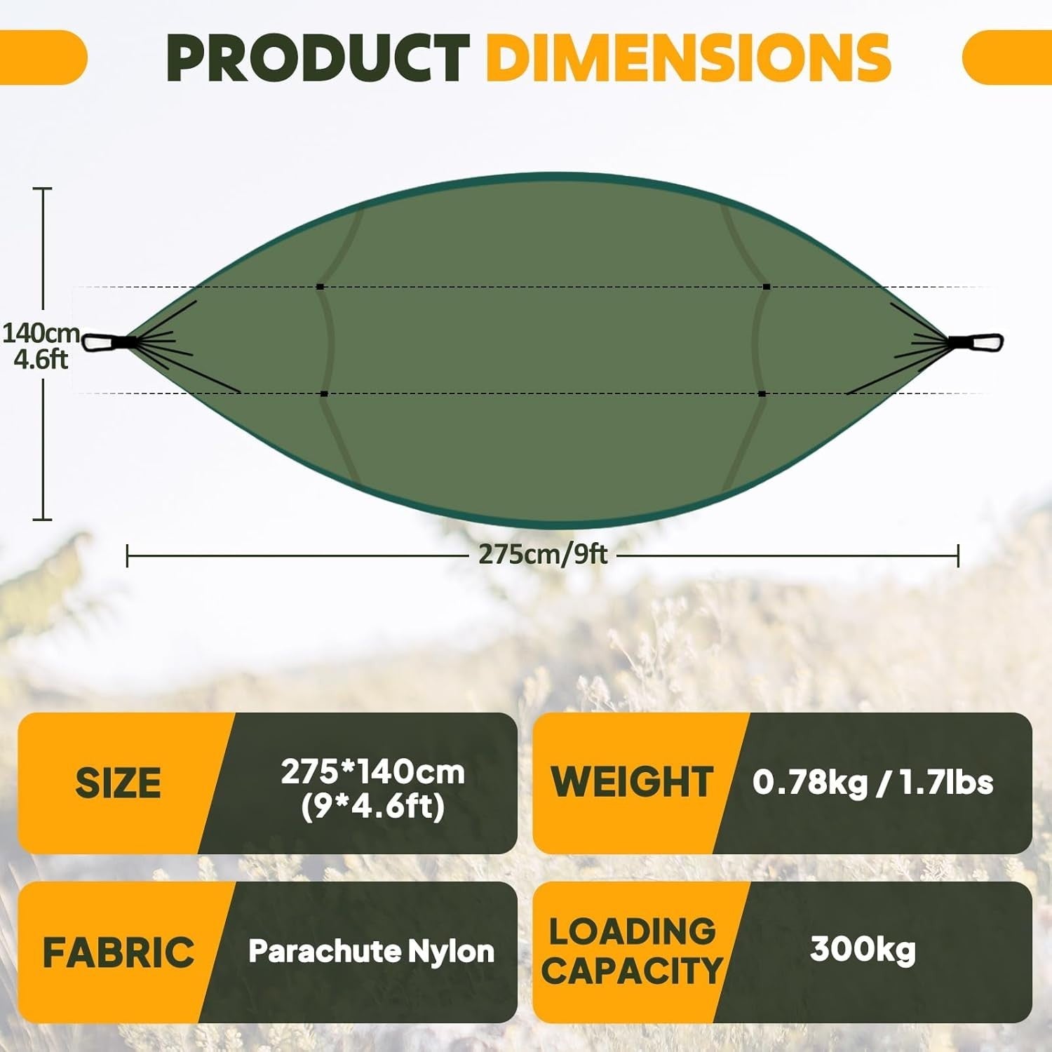Camping Hammock with Mosquito Net 300kg, Load 275x140cm, Lightweight Outdoor
