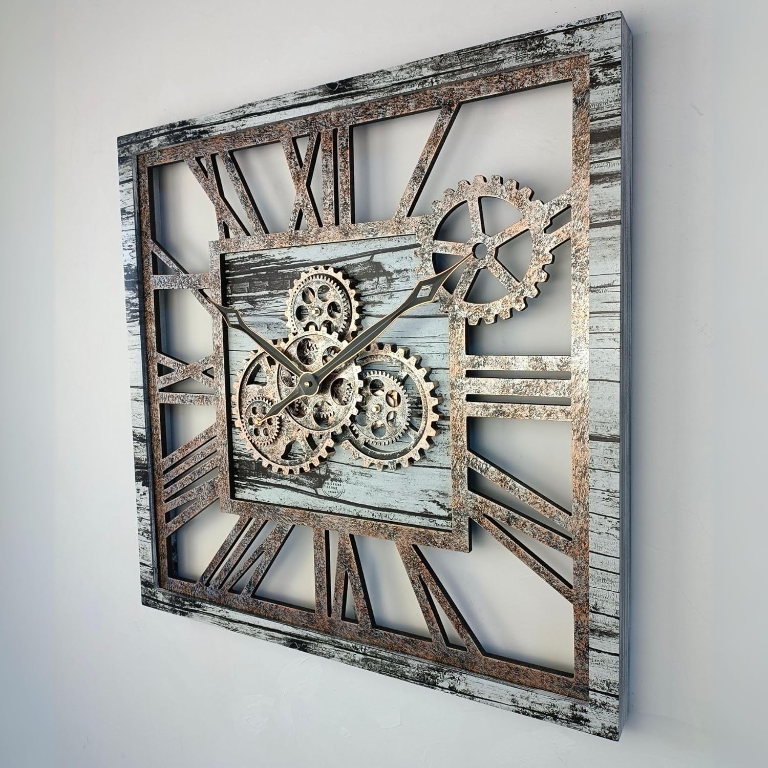 Oversized 24" Gear Wall Clock Square Grey & White Rustic Industrial Decor