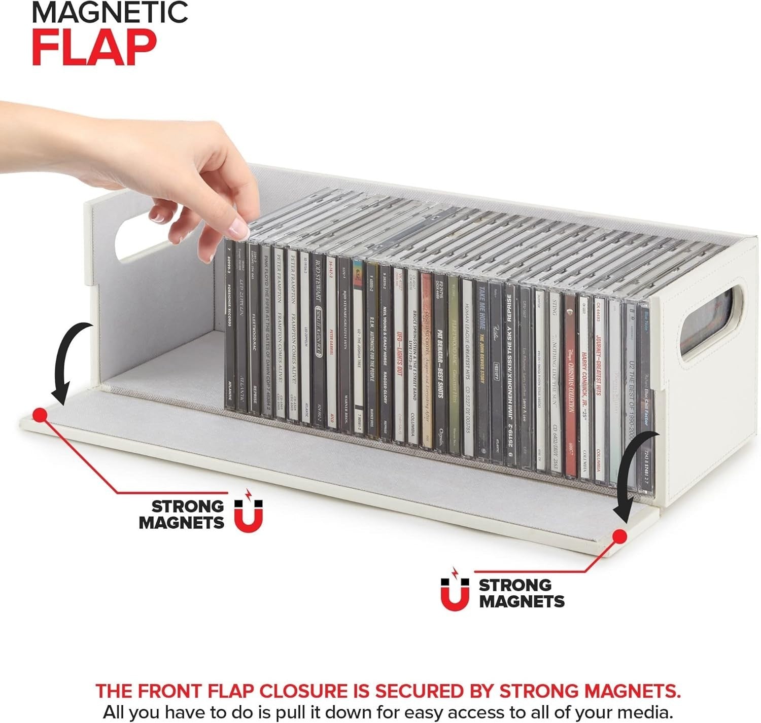 CD Storage Box Faux Leather Organizer Holds 40 CDs Stackable White