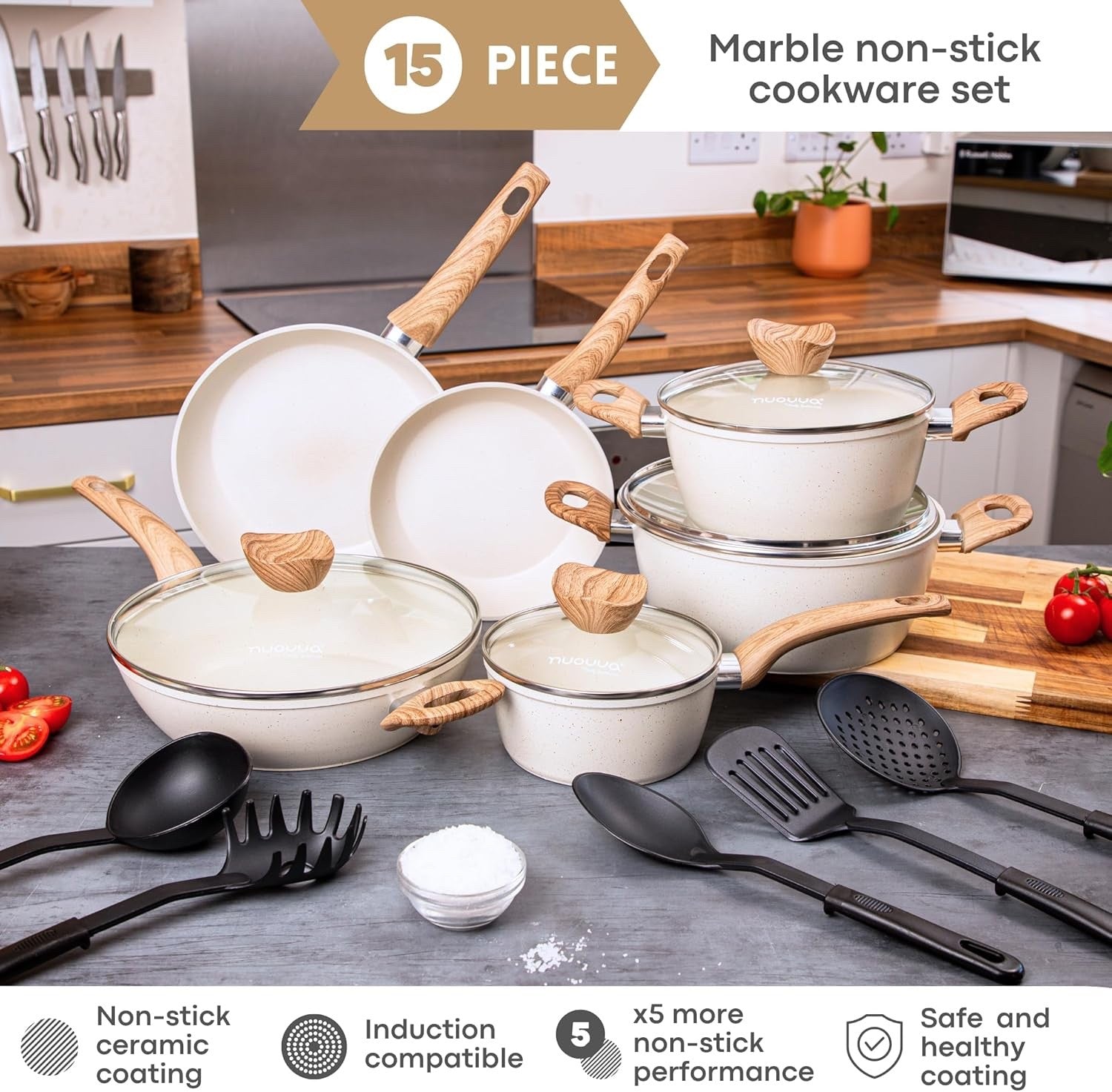 15pcs Cream Granite Non Stick Cookware Set – Induction Pots & Pans with Lids