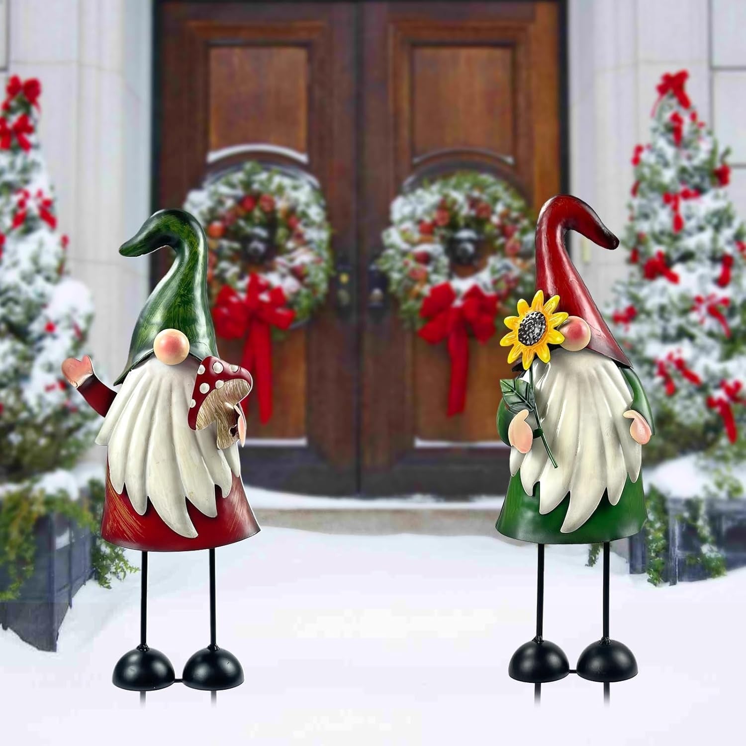 18" Metal Gnome Garden Ornaments Outdoor Xmas Decor Set of 2 Holiday Yard Statue