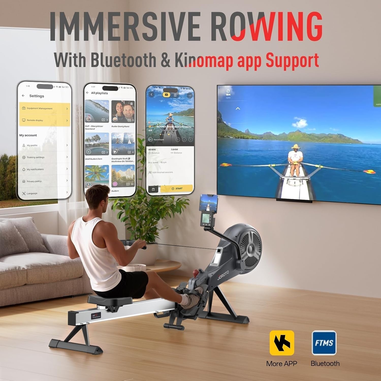Foldable Air Magnetic Rowing Machine 10-Level Resistance Bluetooth Smart Monitor