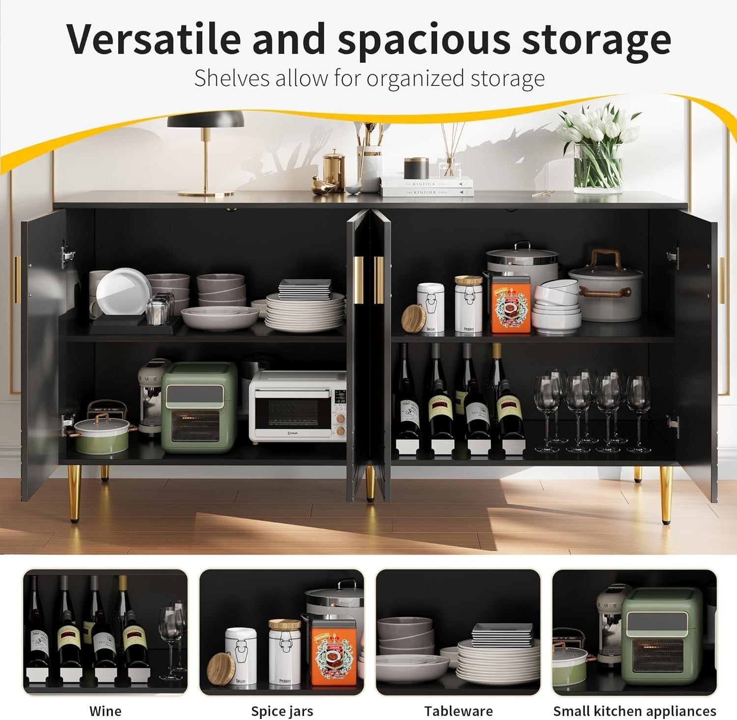 Black Sideboard Cabinet 4 Doors Gold Handles Modern Wave Storage Unit
