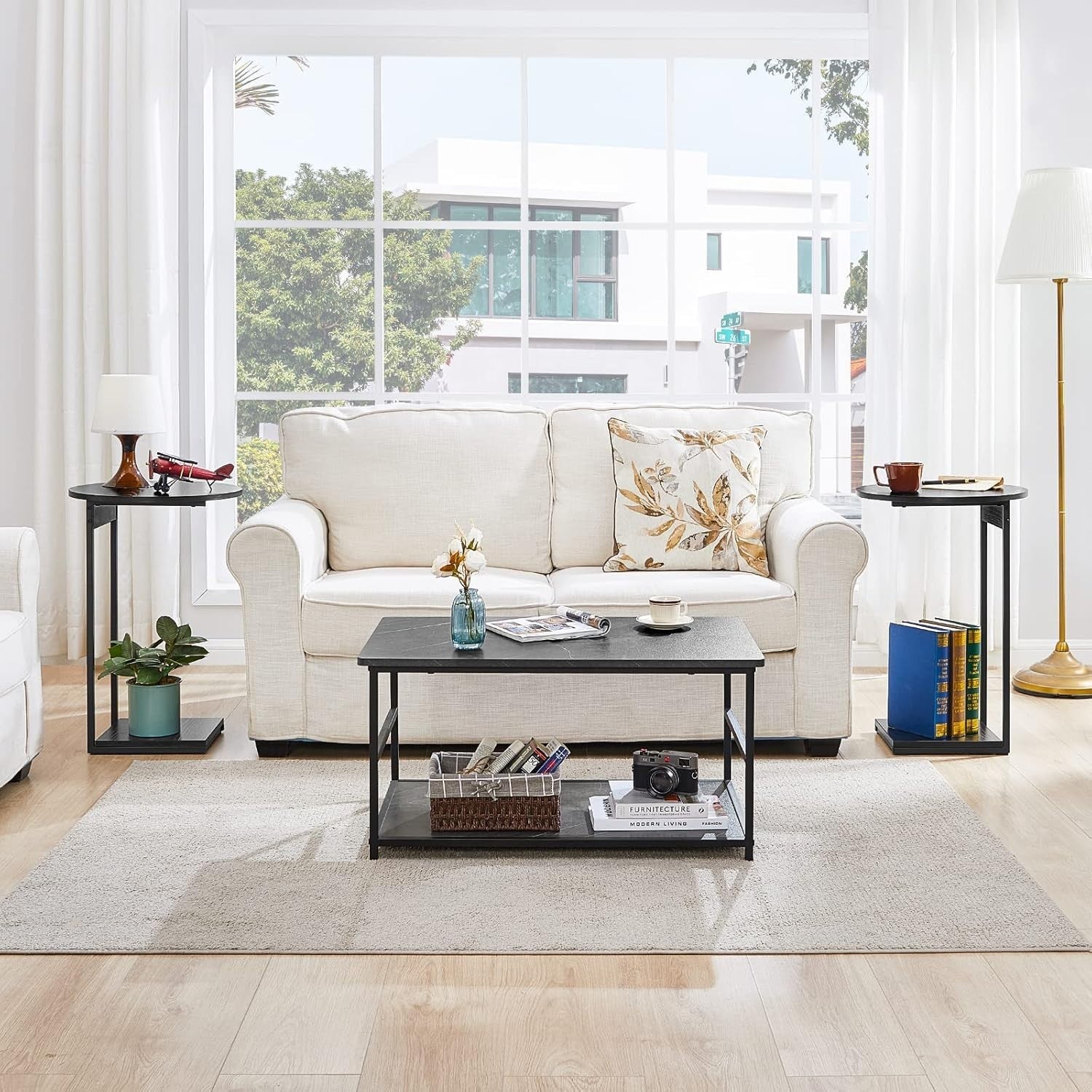 Slim C-Shaped Black Side Table with Storage Shelf – Space-Saving End Table