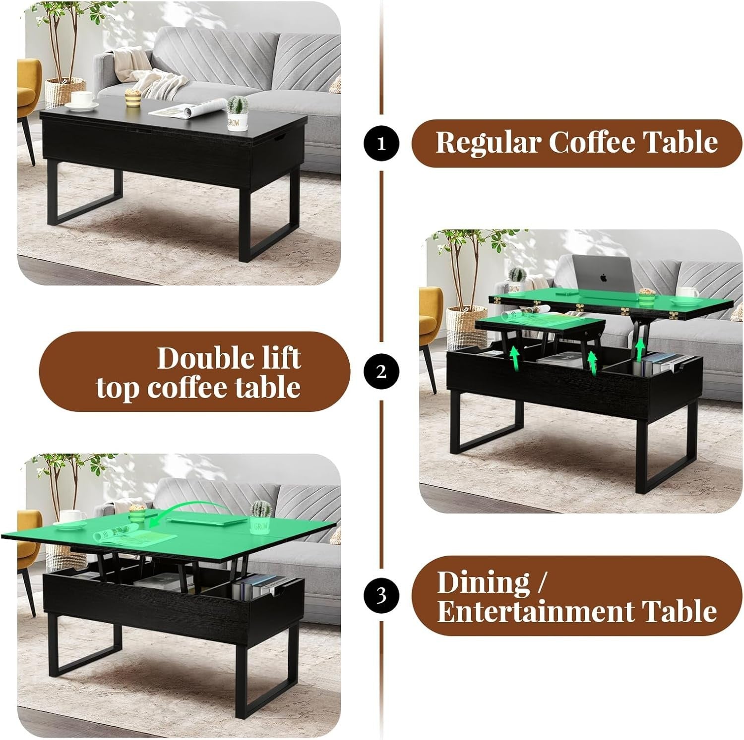 Lift Top Coffee Table with Hidden Storage 3-in-1 Convertible Black 100x50x50cm