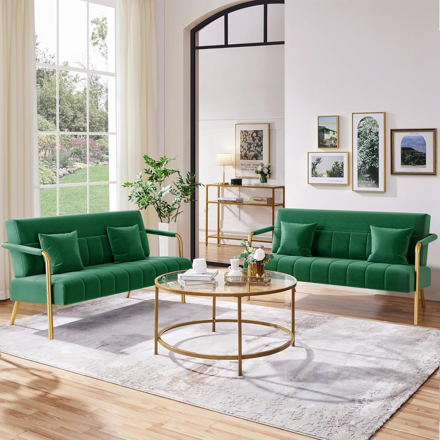 Green Velvet 2 Seater Sofa Gold Legs Modern Loveseat for Small Rooms Studio