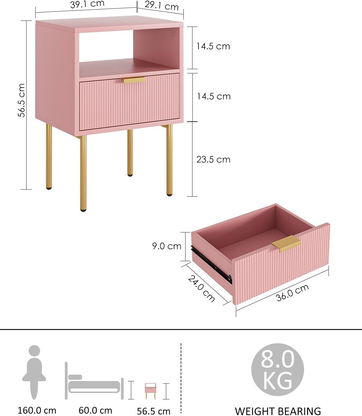 Modern Pink Bedside Table with Drawer & Open Shelf