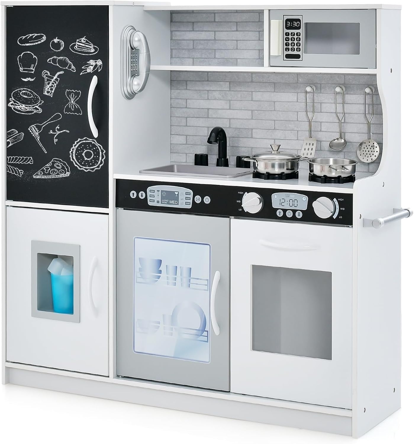 Wooden Kids Play Kitchen Toy Set Ice Maker Chalkboard Cooking Playset
