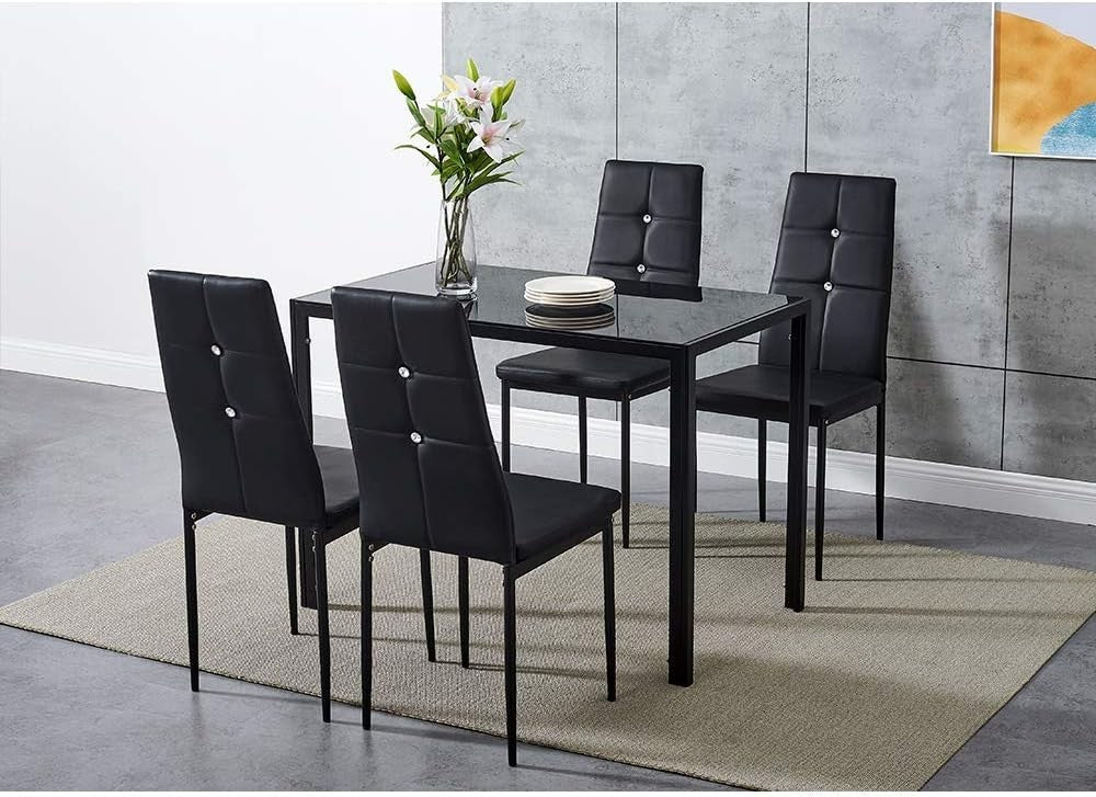 Black 4-Seater Glass Dining Table Set with PU Leather Chairs Compact