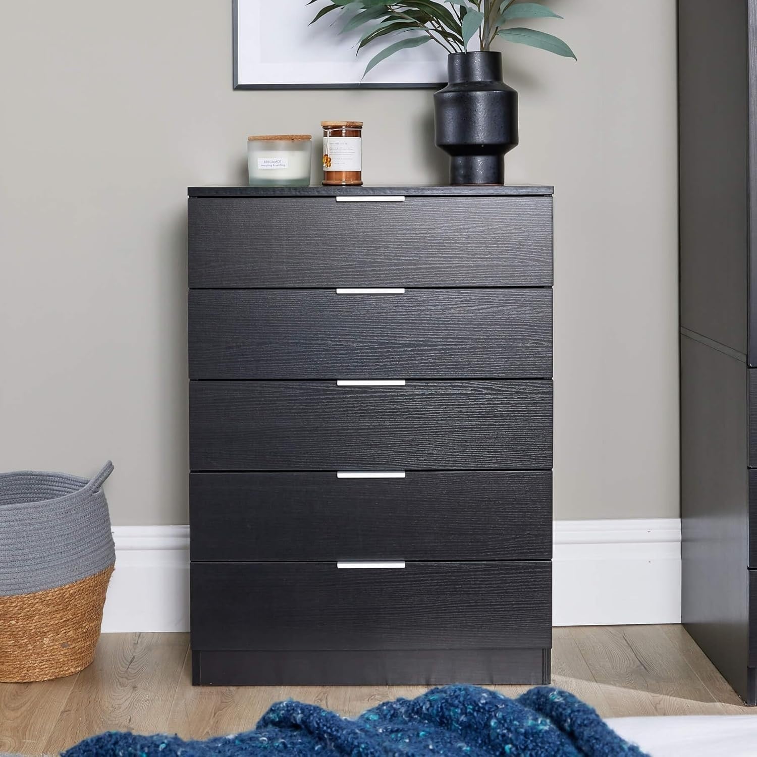 Black 5 Drawer Chest Tall Bedroom Storage Cabinet Slim Modern Unit