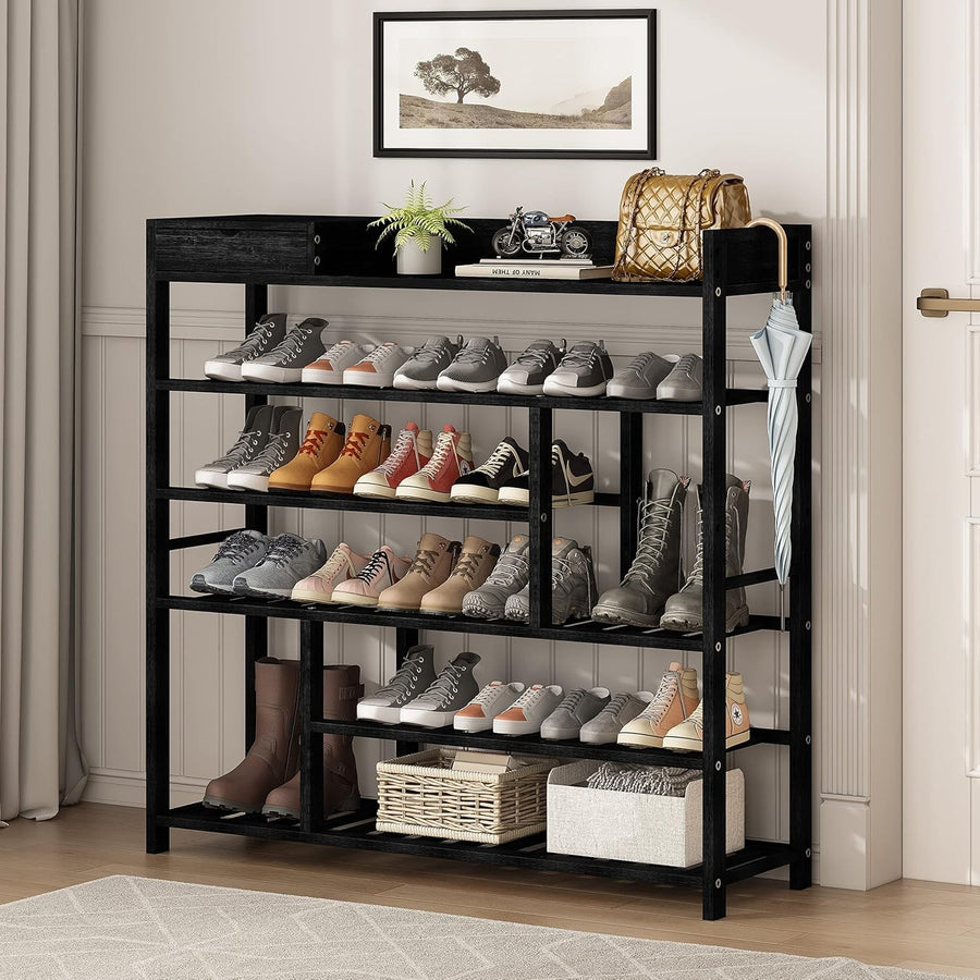 6 Tier Bamboo Shoe Rack Storage Shelf – Tall Black Entryway Organizer