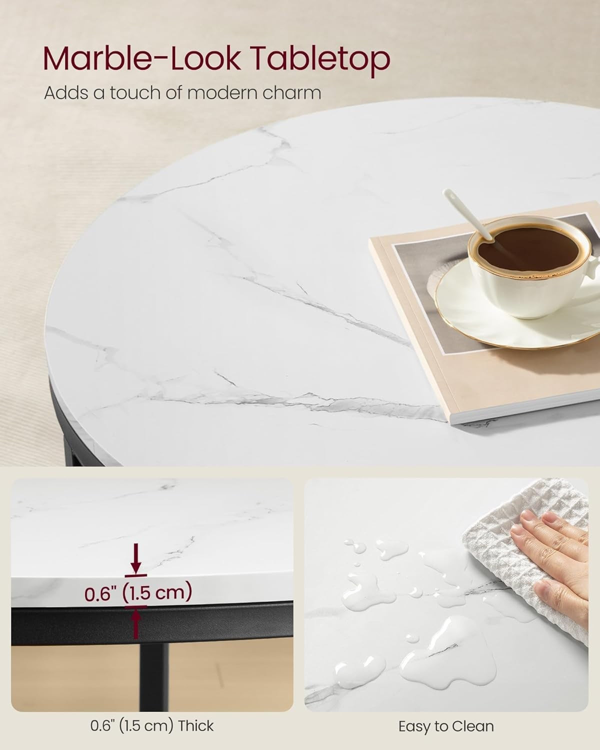 Modern Round Coffee Table with Faux Marble Top & Tempered Glass Shelf
