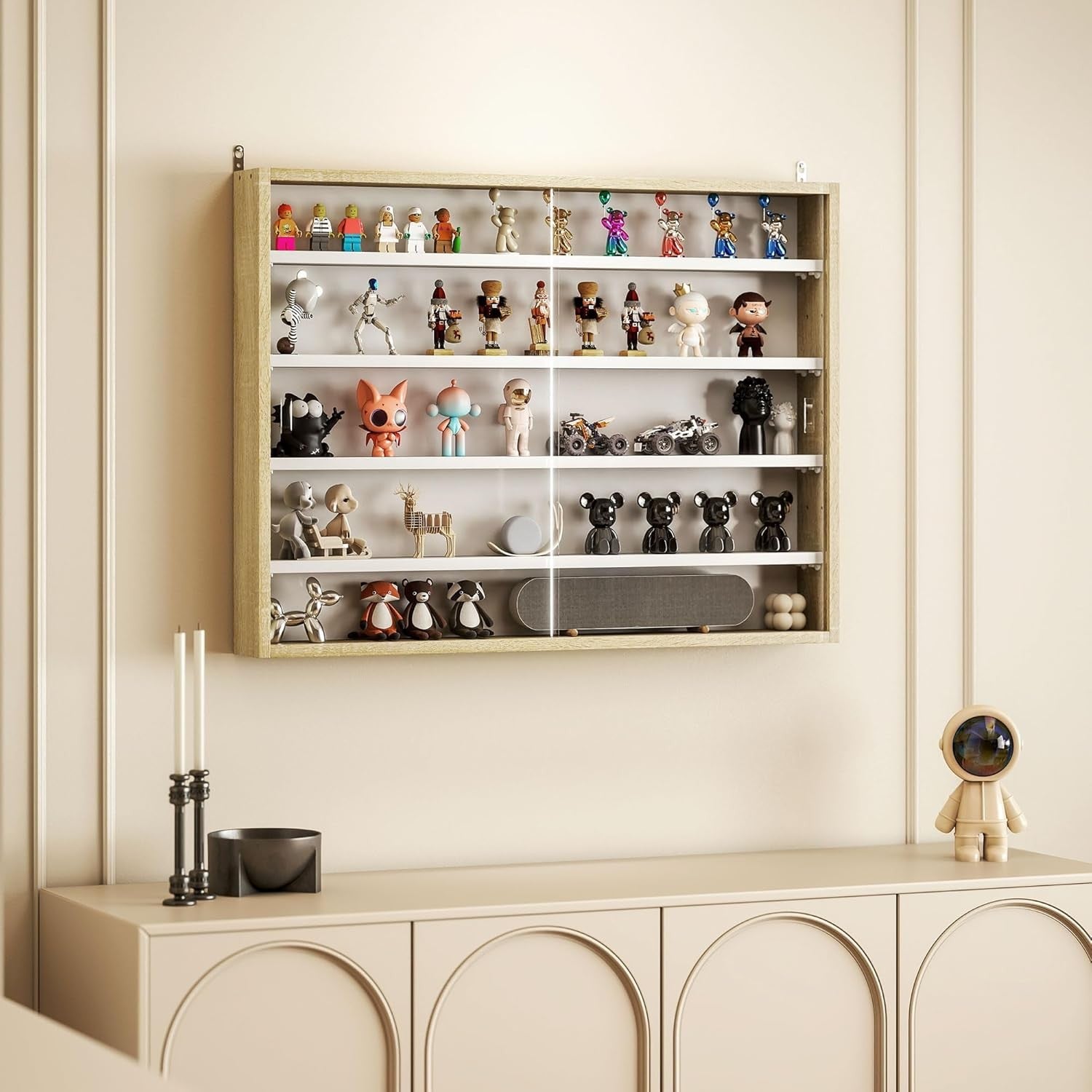 5-Tier Natural Wood Display Cabinet | Wall-Mounted Glass Sliding Door Shelf 60×8