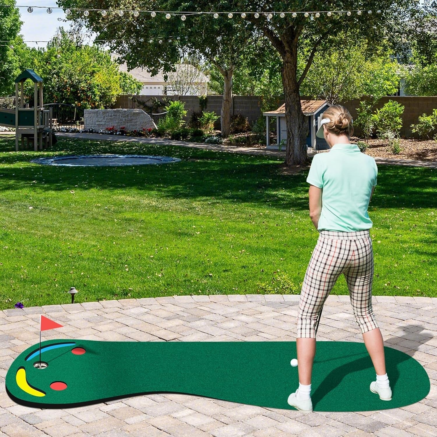 Golf Putting Green Mat Indoor Outdoor Training Set 3 Holes Flag Practice