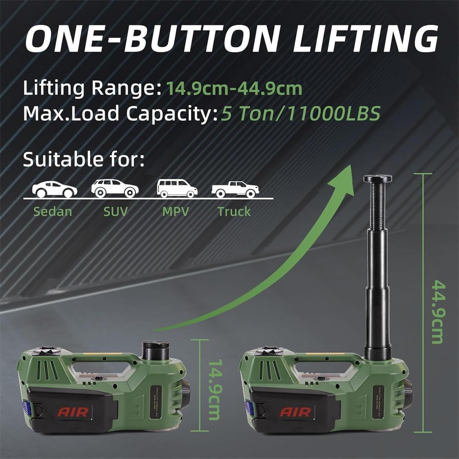 5 Ton Electric Hydraulic Car Jack 4-in-1 Lift Kit with Air Pump 15–17.7" Green