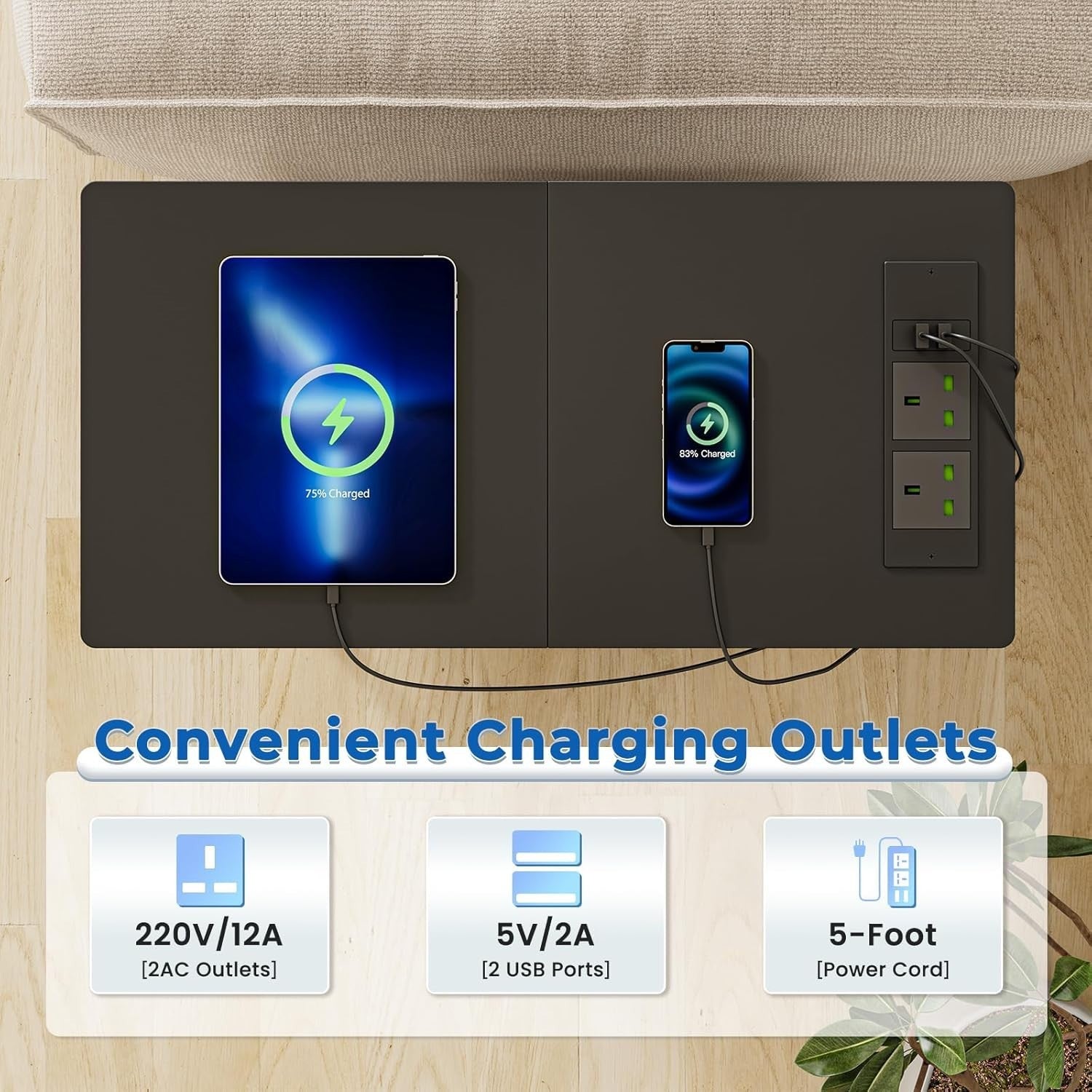 Slim Black Smart Bedside Table with LED Light, USB Charging & Drawer