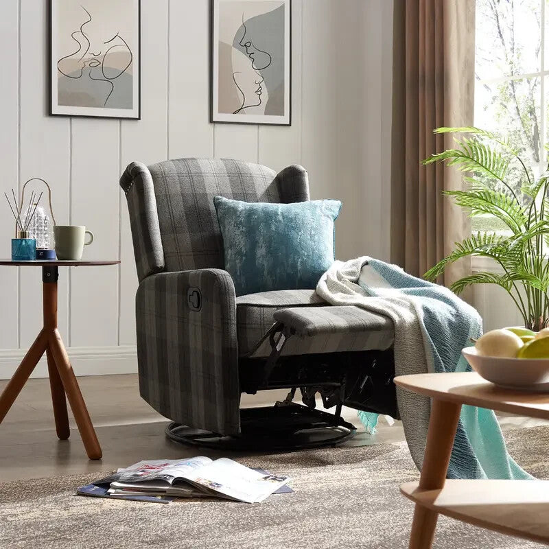 Recliner Armchair Grey Tartan Wingback Chair with Swivel & Footrest Sofa