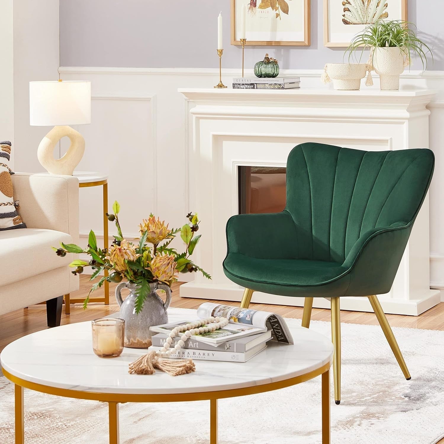 Dark Green Velvet Accent Chair with High Back for Lounge, Vanity or Office
