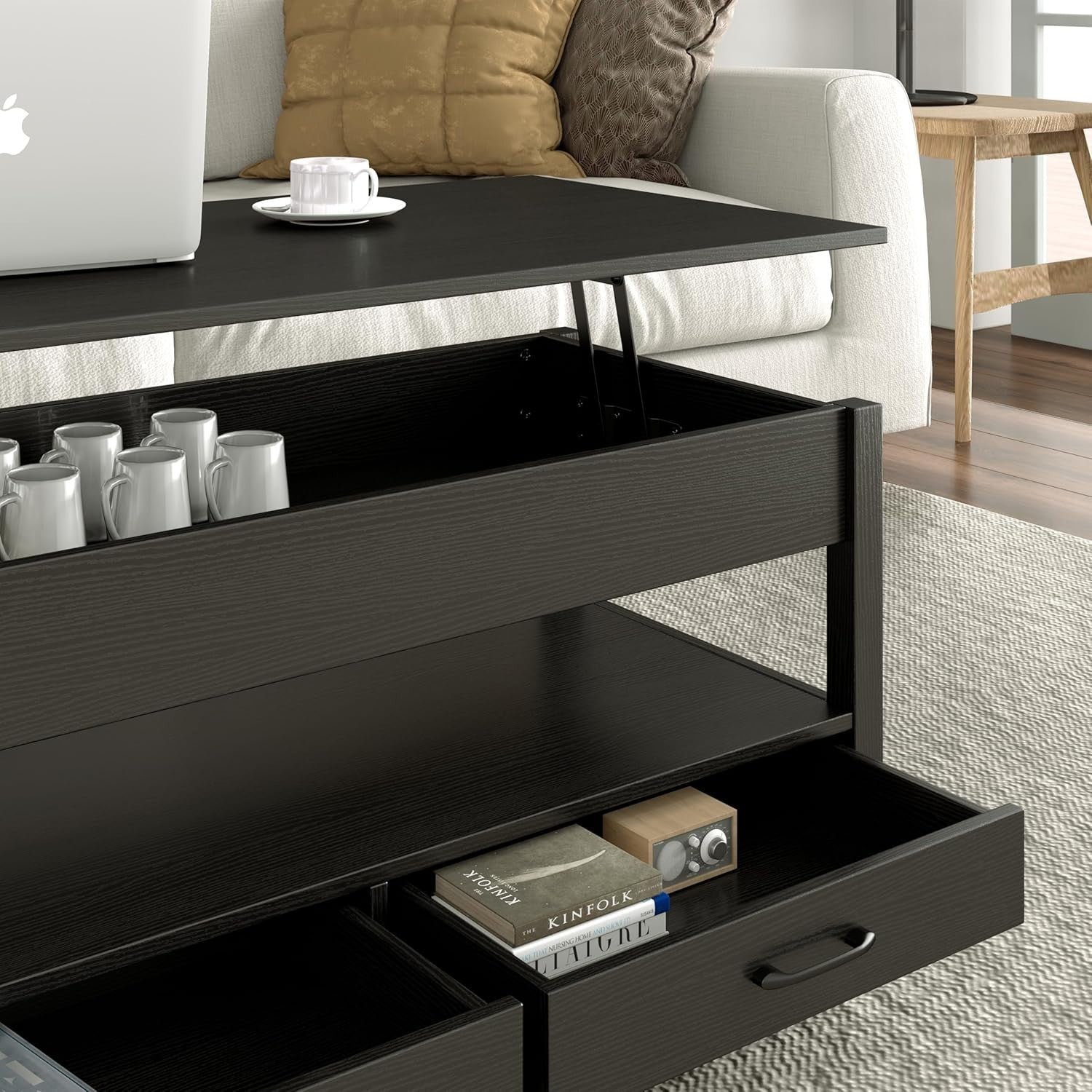 Lift-Up Coffee Table with Storage Drawers & Hidden Compartment Black Wood