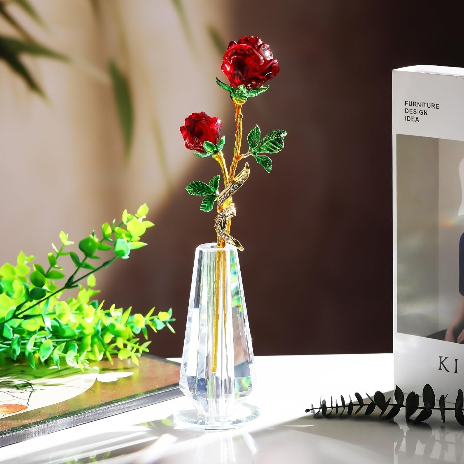 Red Crystal Rose Ornament with Vase – Luxury Glass Flower Gift for Her Décor