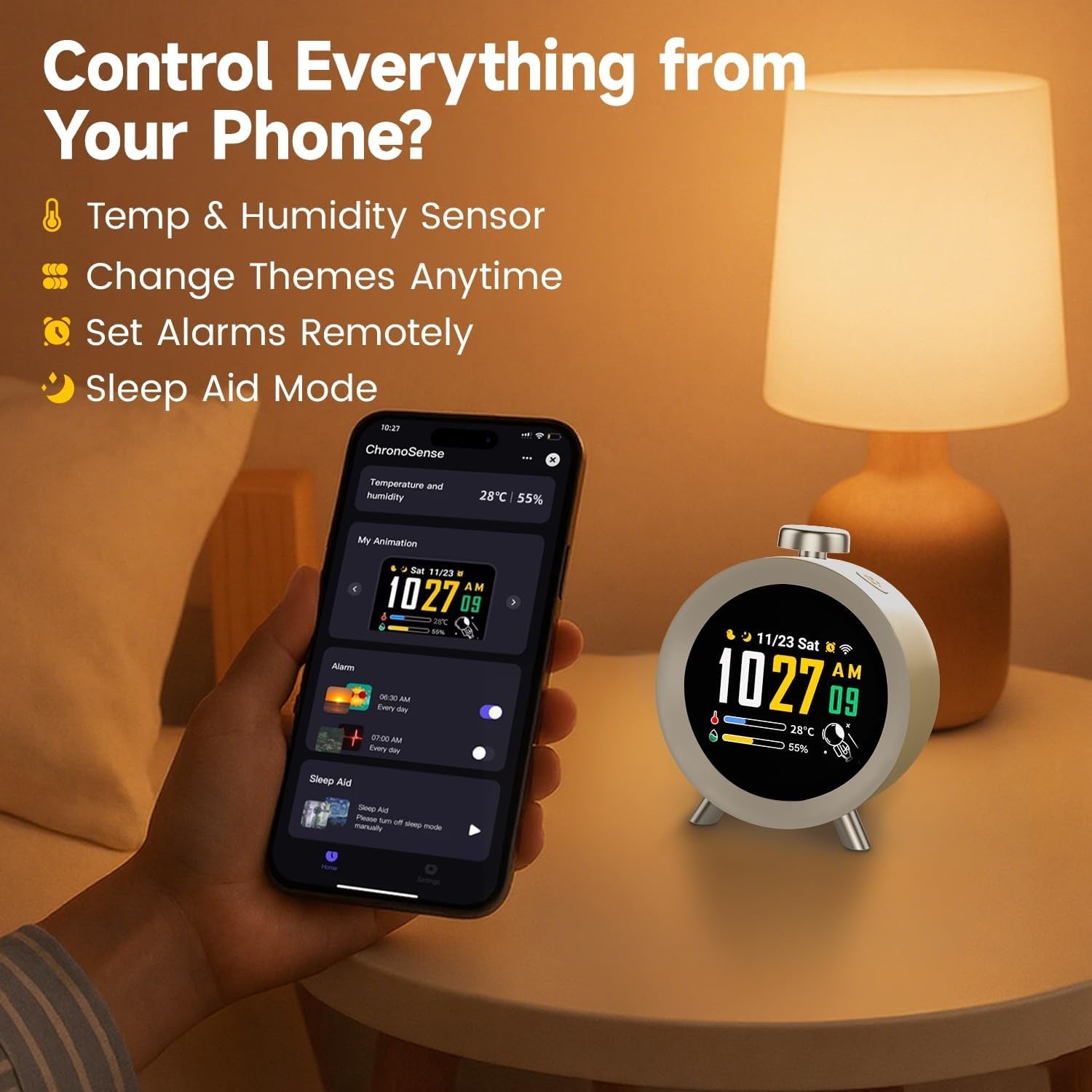 Smart Digital Alarm Clock App Control Animated Display Temp Humidity Sensor
