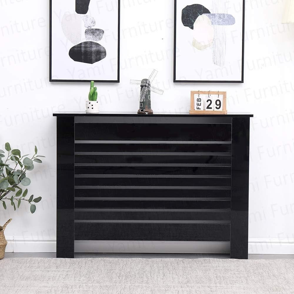 High Gloss Radiator Cover Modern Slatted Cabinet Medium Black