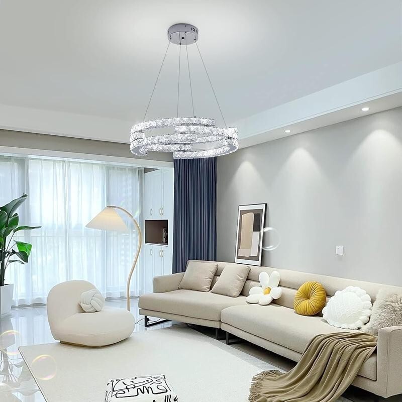 Modern LED Crystal Chandelier 3 Ring Pendant Light Dimmable 48W