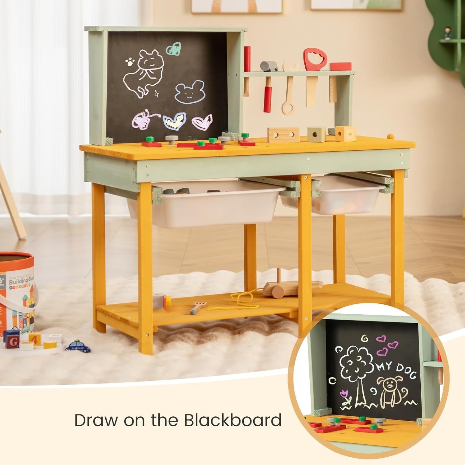 Wooden Kids Workbench Tool Set w/ Chalkboard Baskets Storage Pretend Play