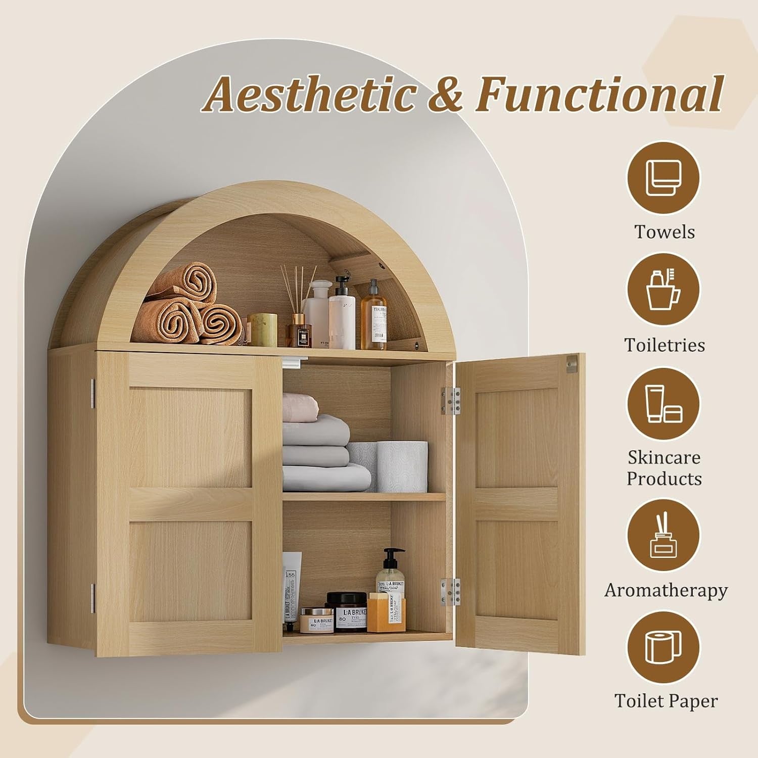 Natural Wood Wall Cabinet Bathroom Storage Cupboard with Double Doors