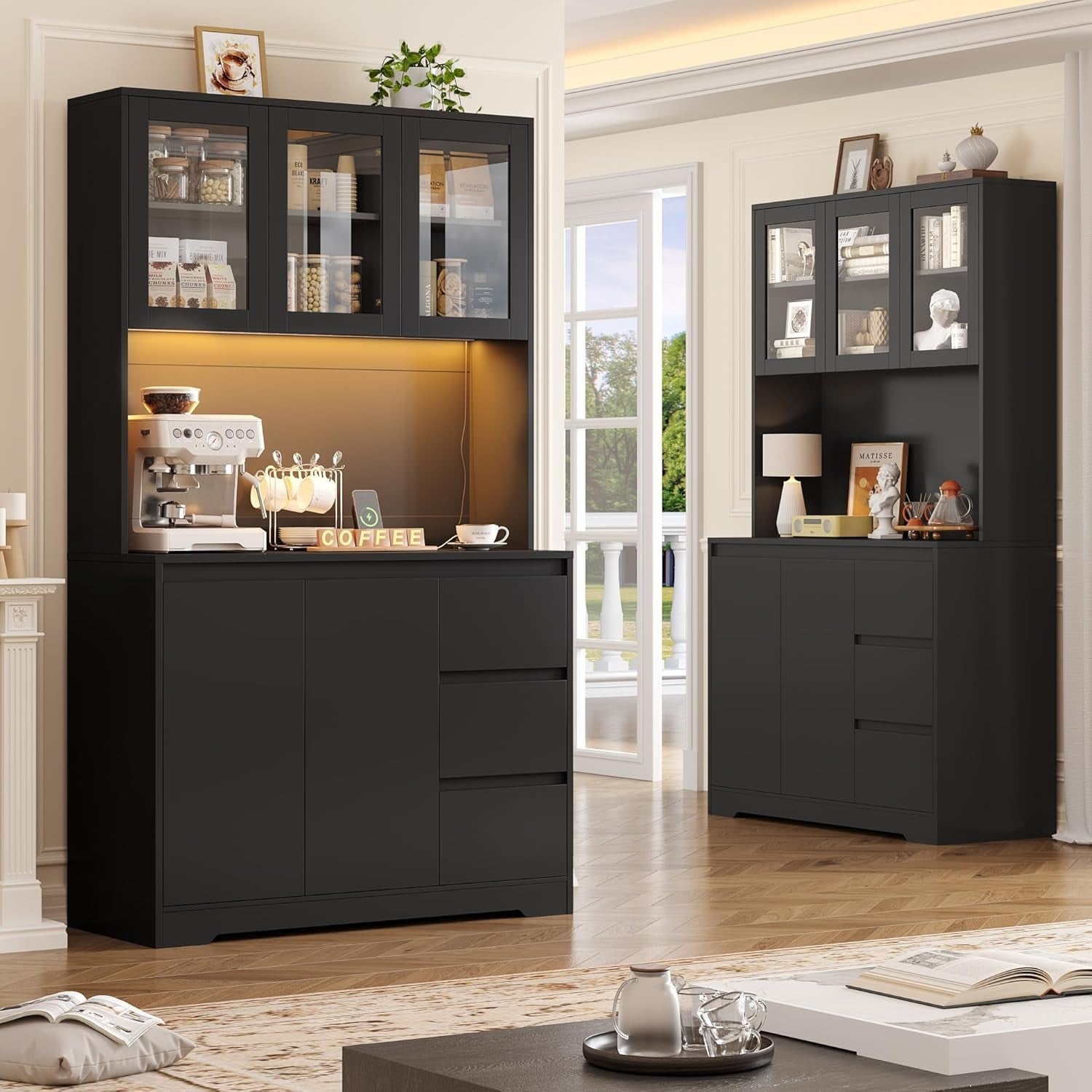 Tall Black Kitchen Cabinet with LED Lights, Drawers & Adjustable Shelves