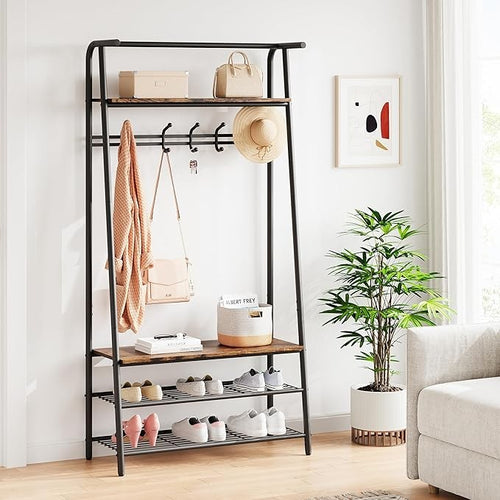 Rustic Brown 4-in-1 Coat Rack with Shoe Storage & 5 Hooks Metal Hall Tree