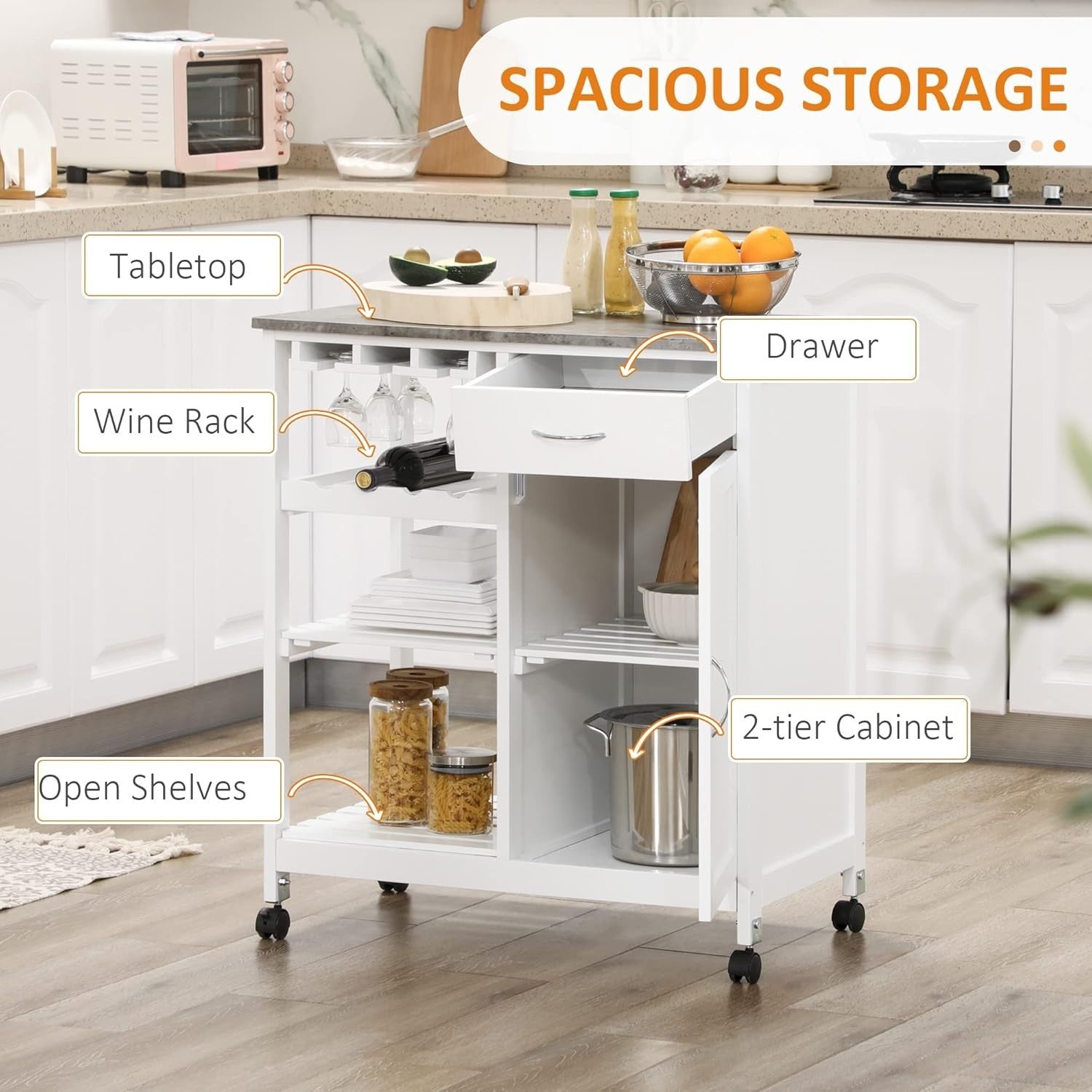 Compact Kitchen Trolley on Wheels w/ Wine Rack Cabinet