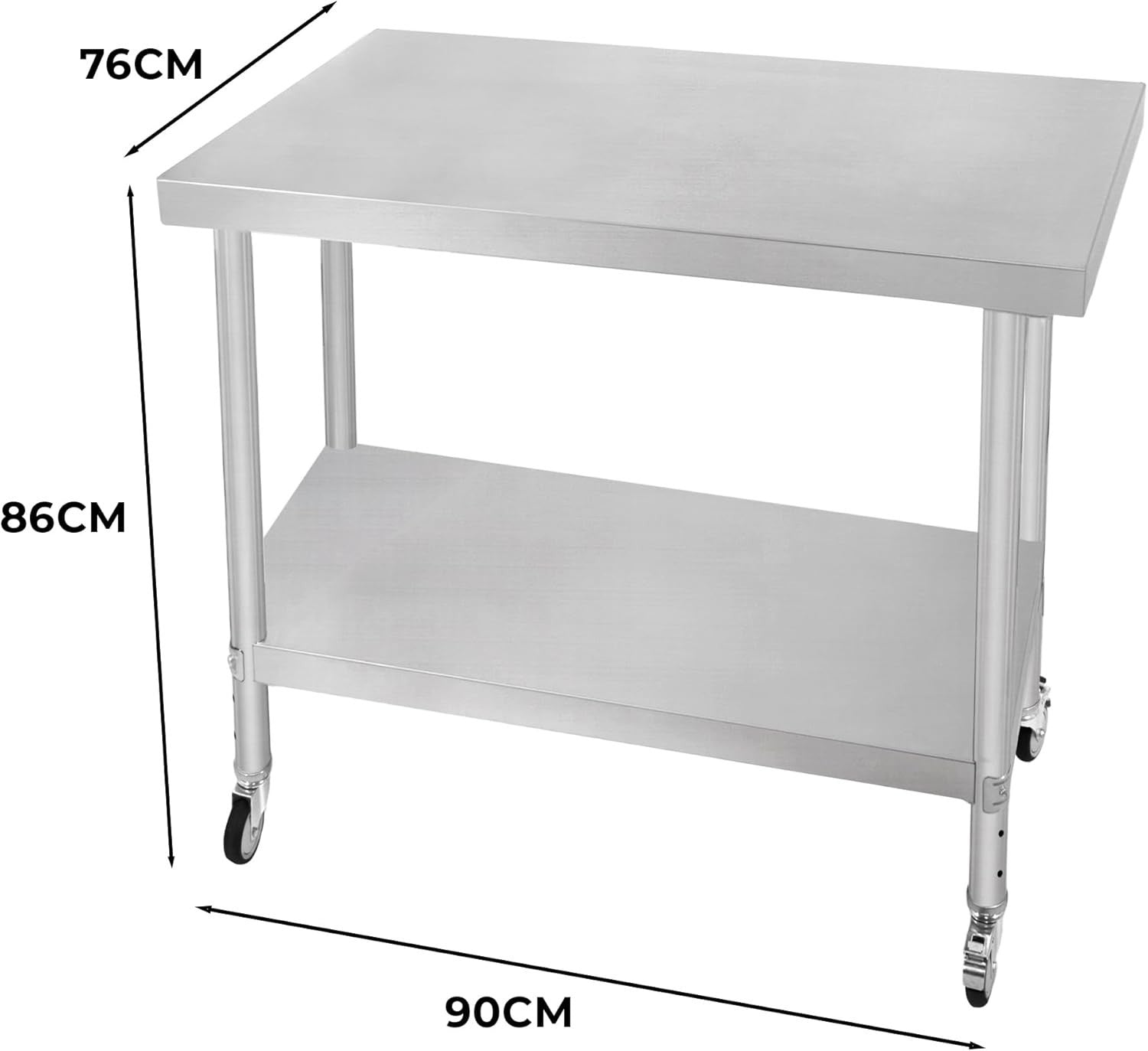 Stainless Steel Mobile Prep Table 160kg Kitchen Work Bench 90x76 Shelf Wheels