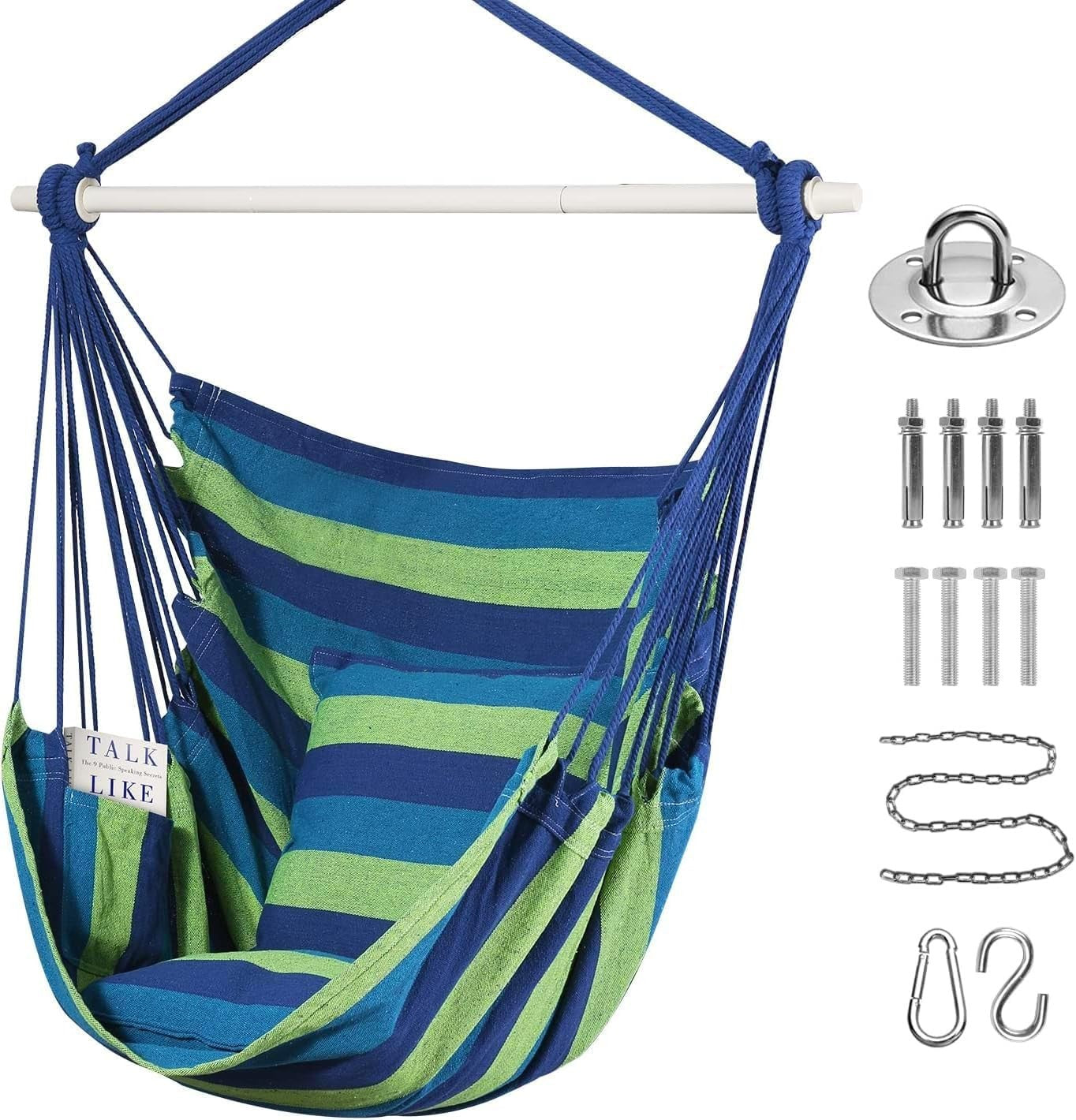 Cotton Hammock Swing Chair with Cushions, Detachable Support Bar, Portable