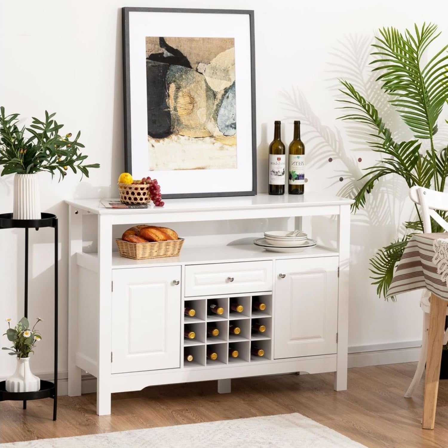 Modern Storage Sideboard Buffet with Wine Rack, Drawer & Shelves White