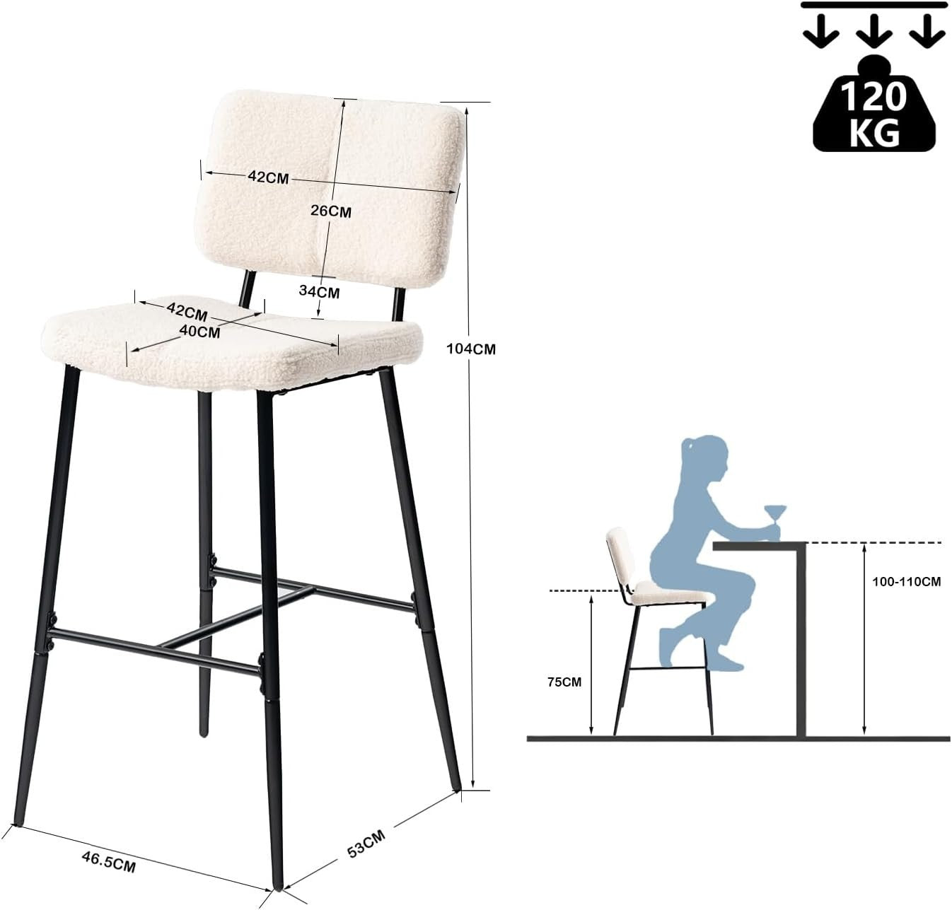 Scandinavian Bar Stools Set of 2 – Boucle Fabric Counter Chairs