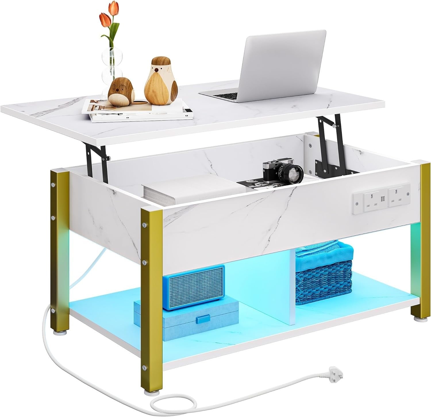 Lift Top Coffee Table with Storage, LED Lights, USB & Outlets – White Marble