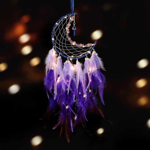Boho Moon Dream Catcher Purple Feathers Fairy Lights Wall Decor