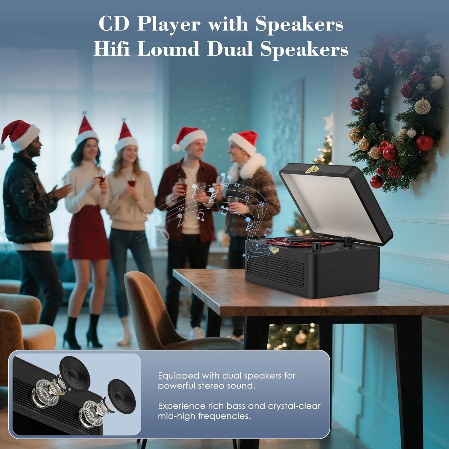 Retro Bluetooth CD Player FM Radio USB AUX HiFi Speakers Black PU