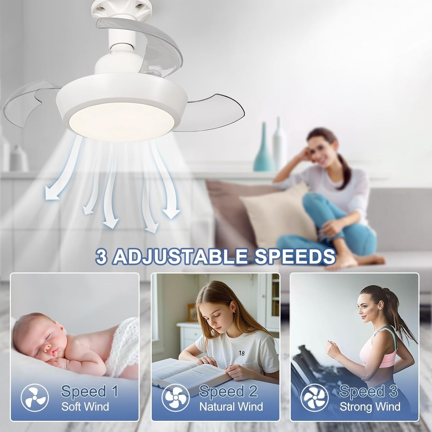 HARPER LIVING Small Ceiling Fan with Lights, 3 Retractable Blades, 30W