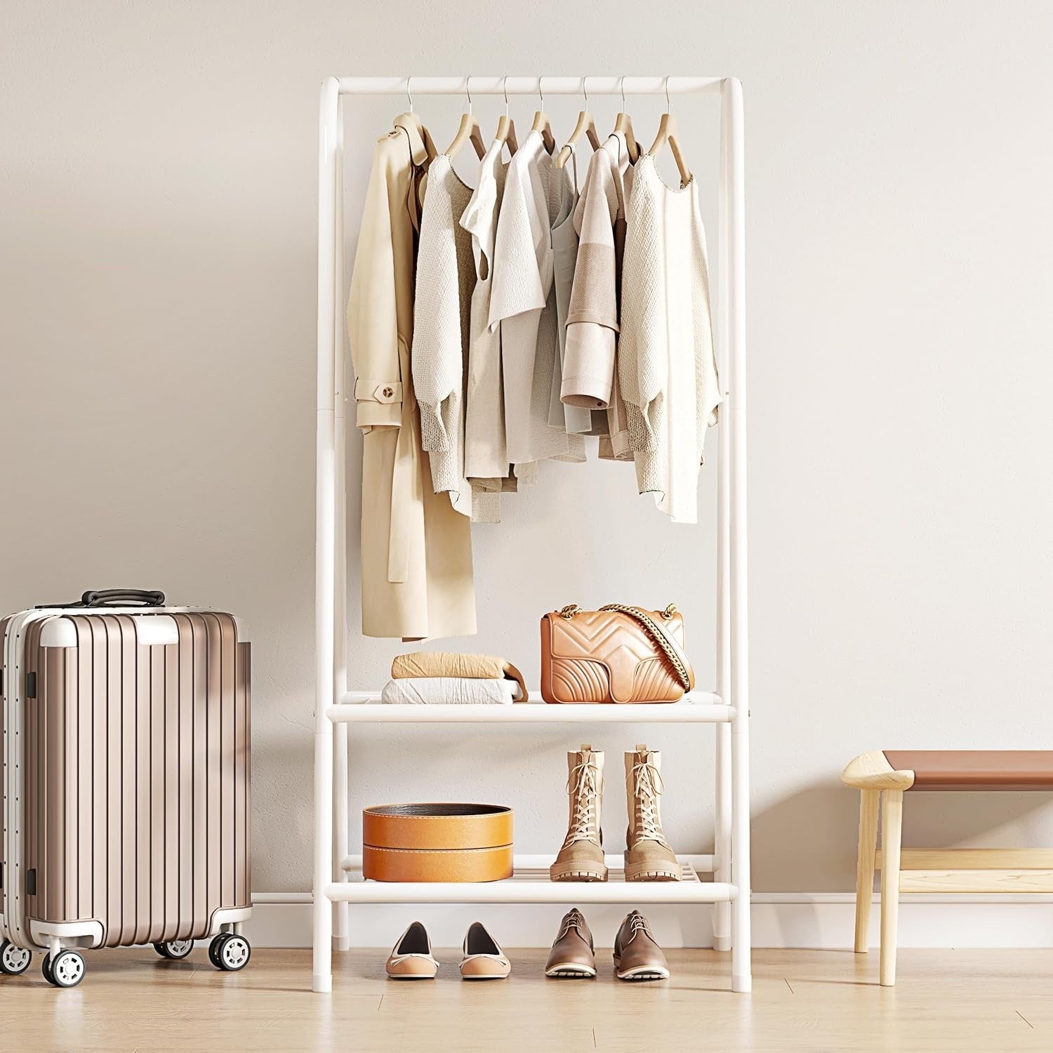 White Metal Clothes Rail with Shelves 62" Heavy Duty Rack