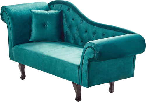 Emerald Green Velvet Left Hand Chaise Lounge | Tufted Seat + Cushion, Retro Styl