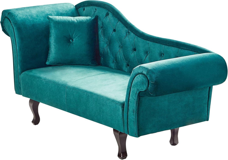 Emerald Green Velvet Left Hand Chaise Lounge | Tufted Seat + Cushion, Retro Styl