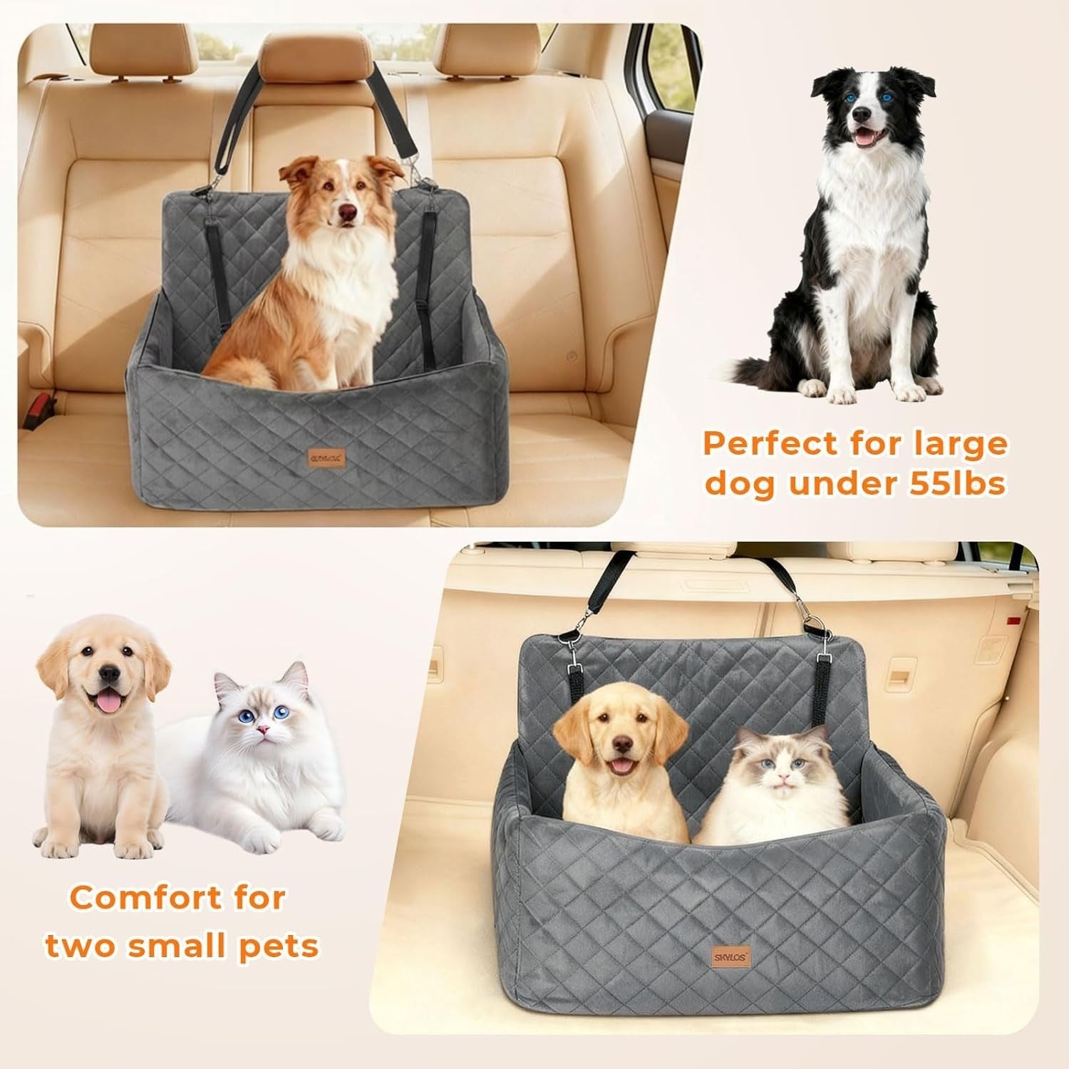 Large Dog Car Seat Bed Memory Foam Booster Travel Bed Up to 55lbs