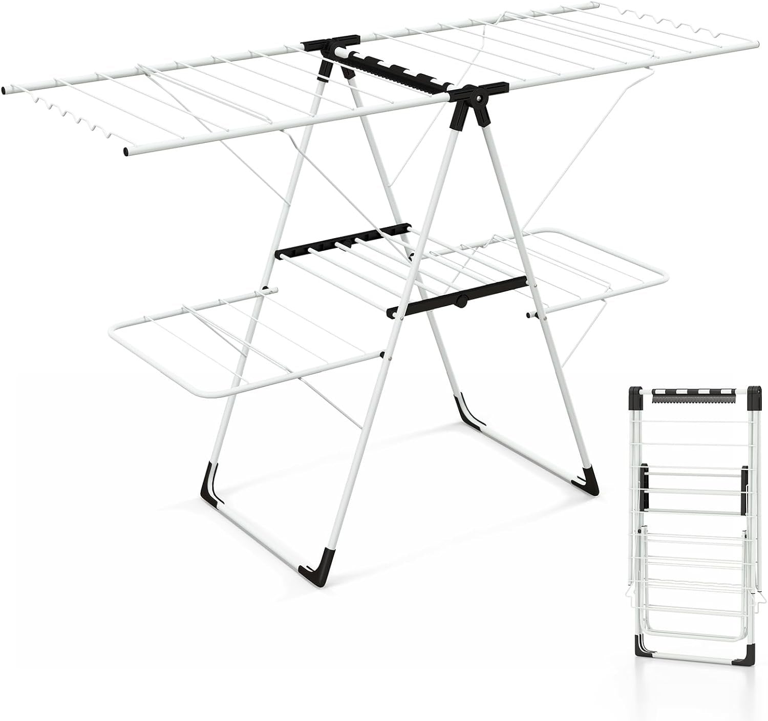 Foldable Clothes Drying Rack 2 Tier Airer Adjustable Wings Indoor Outdoor
