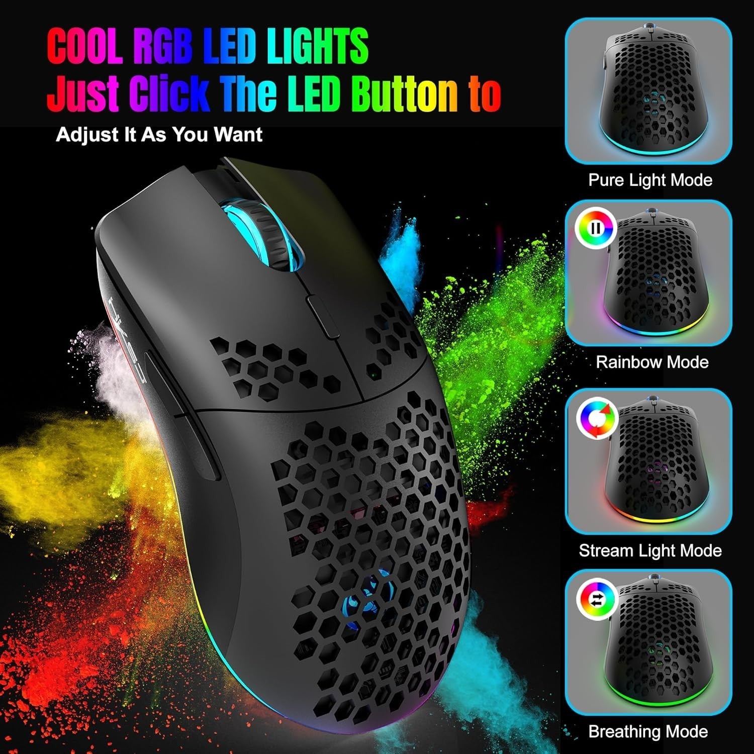 RGB Wireless Gaming Mouse 3600 DPI Lightweight Honeycomb Black