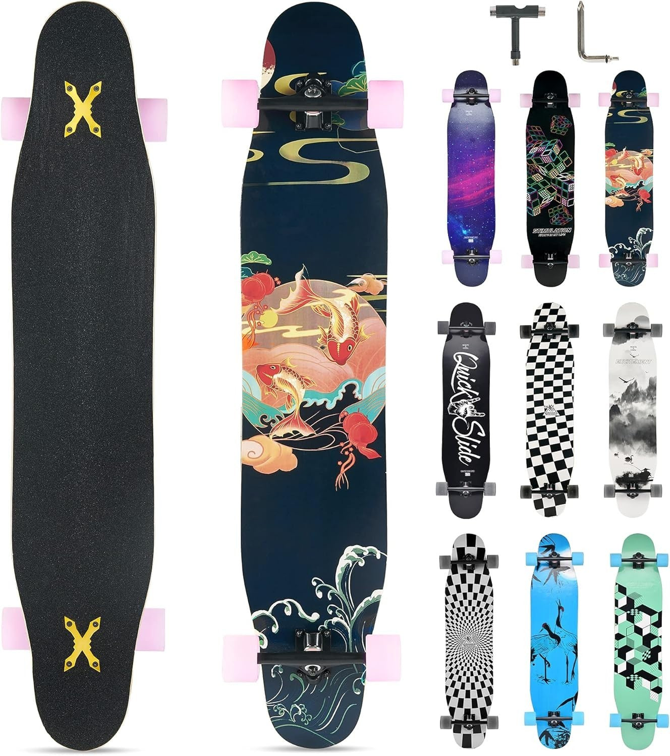 46" Longboard Skateboard Complete 8-Layer Maple Wood Deck Perfect Teens & Adults