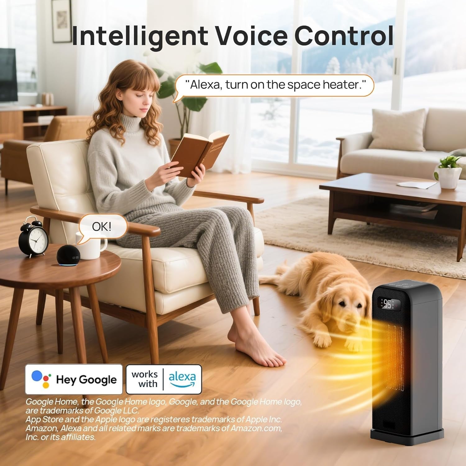 1500W Smart Tower Heater WiFi Voice Control Energy Efficient Black