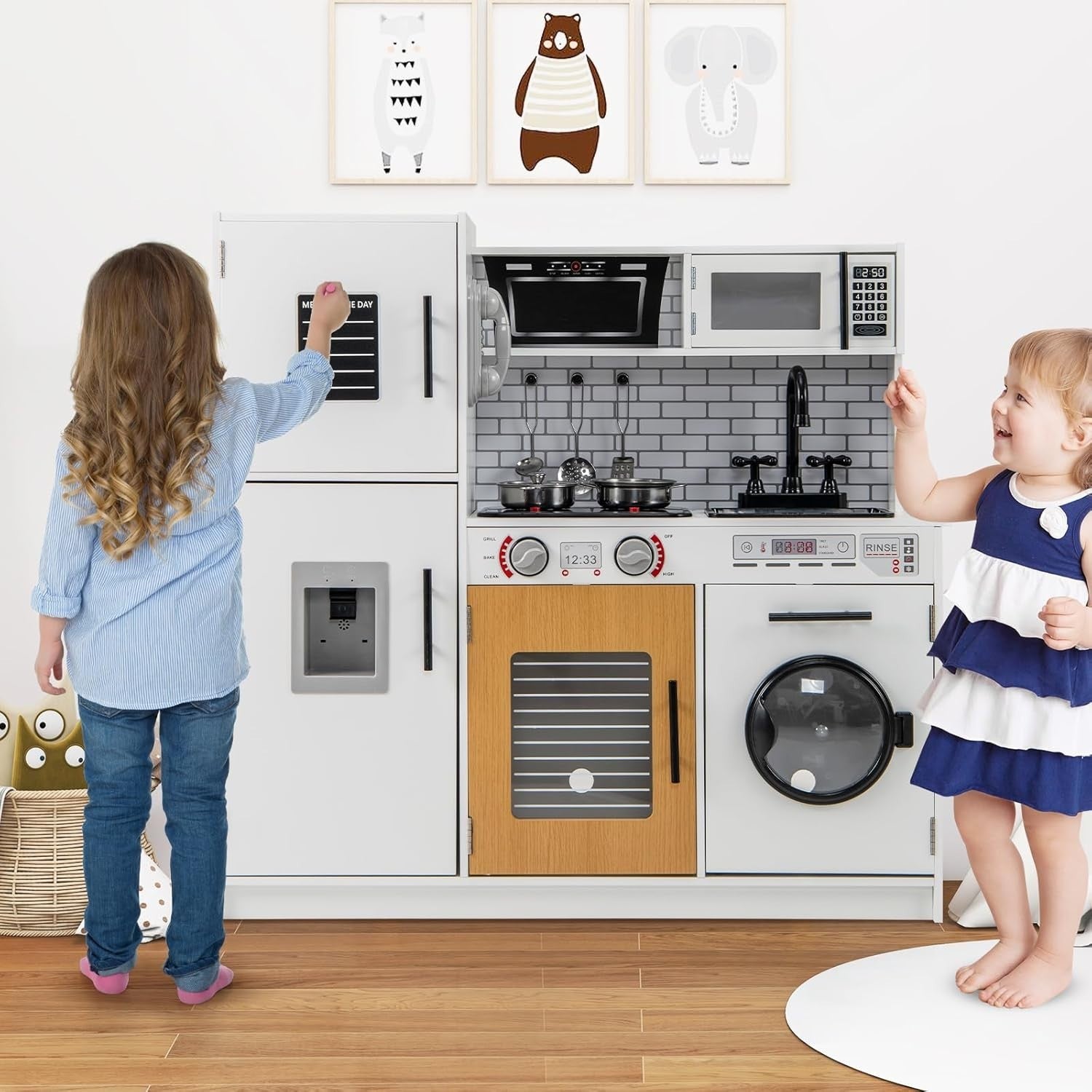 Kids Wooden Play Kitchen Lights Sounds Washing Machine White Toy