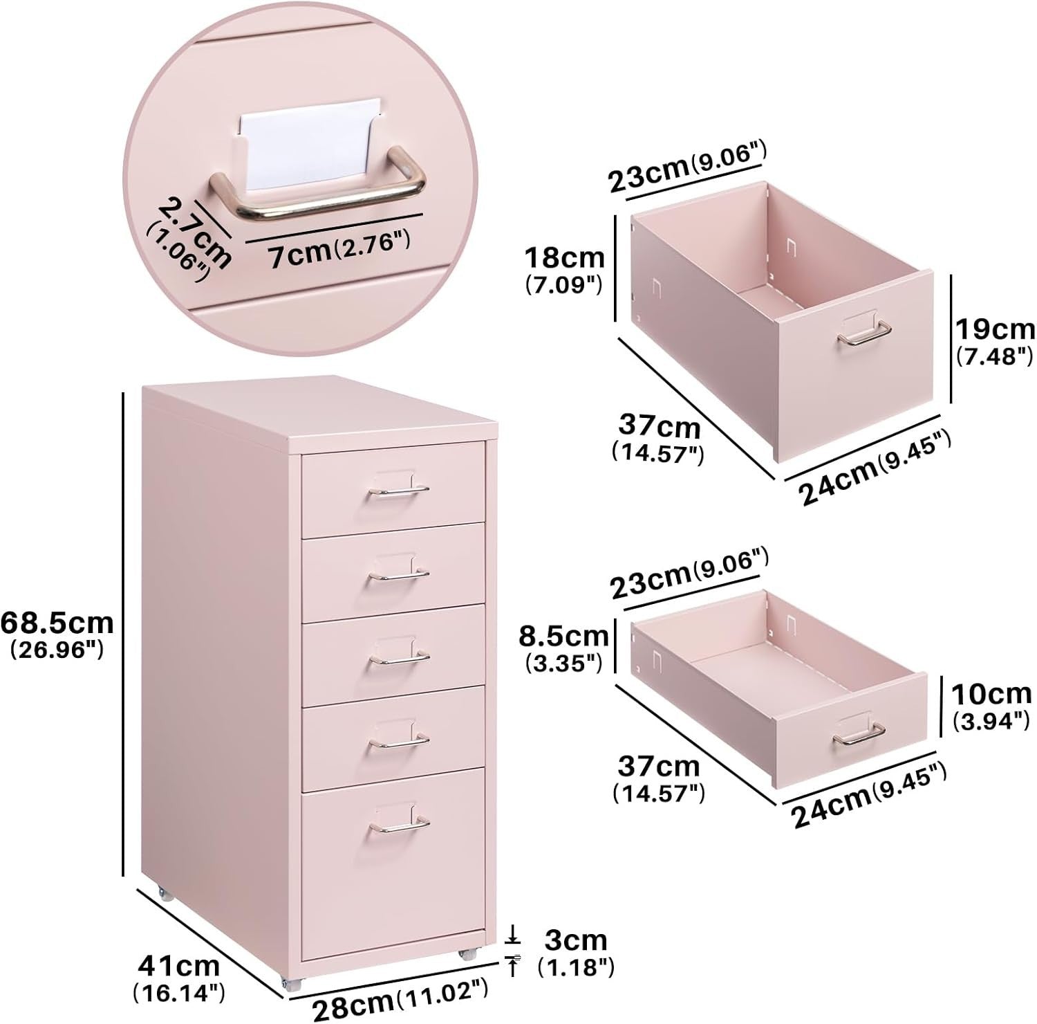 Pink Metal Rolling Drawer Cabinet 5 Tier Under Desk File Storage